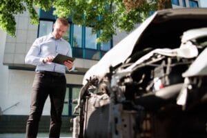 Insurance Agent Inspecting Car After Accident Or Crash, Using Tablet