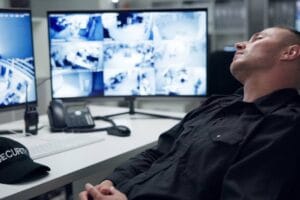 Security guard, computer screen and tired by cctv monitor for protection, data center or building safety